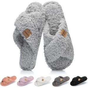 ⚡Women’s Light Grey Faux Fur Cozy Fuzzy Cross Band Slippers House Shoes